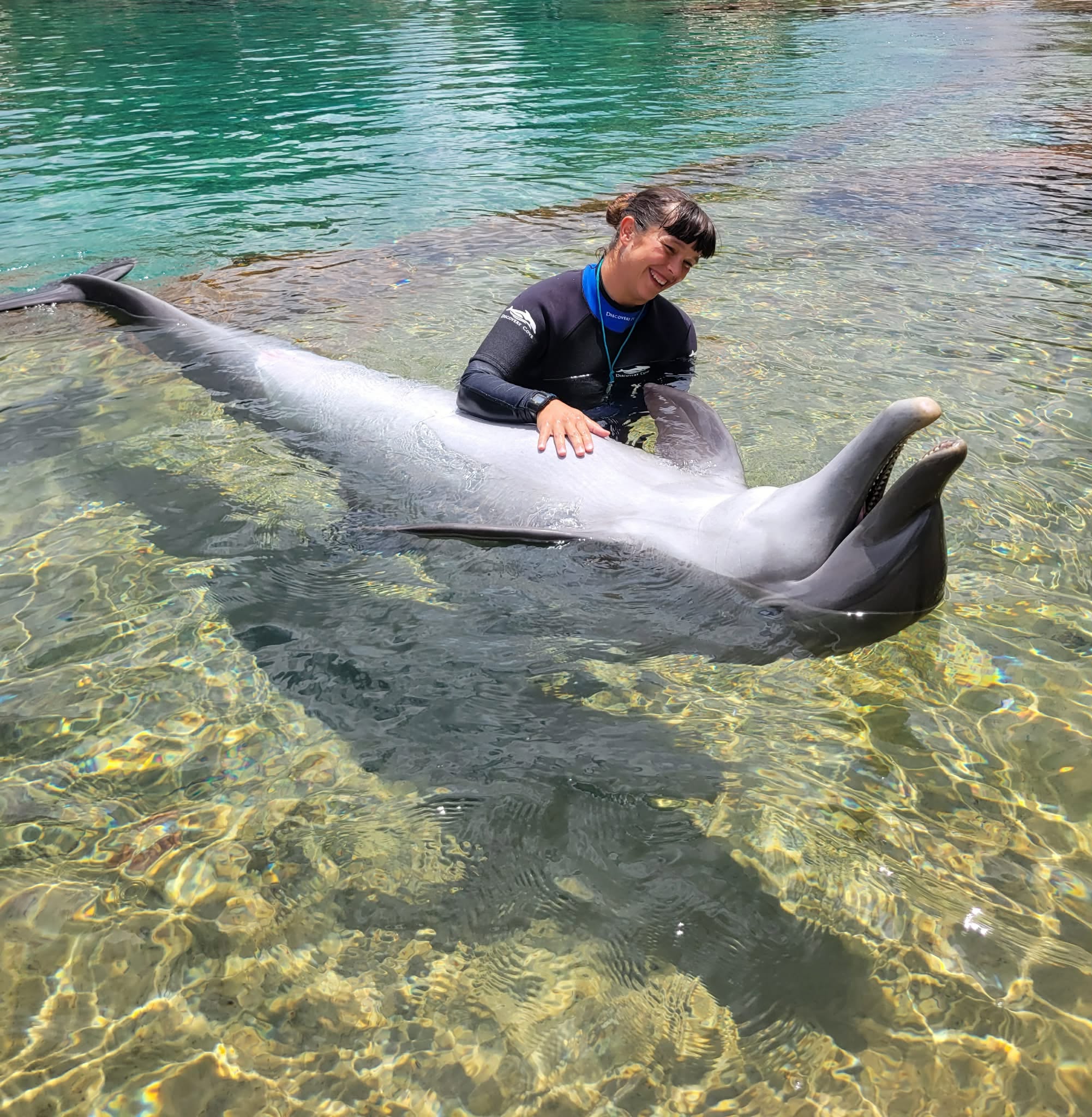 Kristin in the water with a dolphin floating on its back